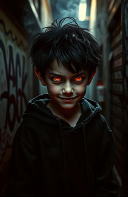 A young boy with a mischievous expression, glowing red eyes that give a sense of mischief and intrigue