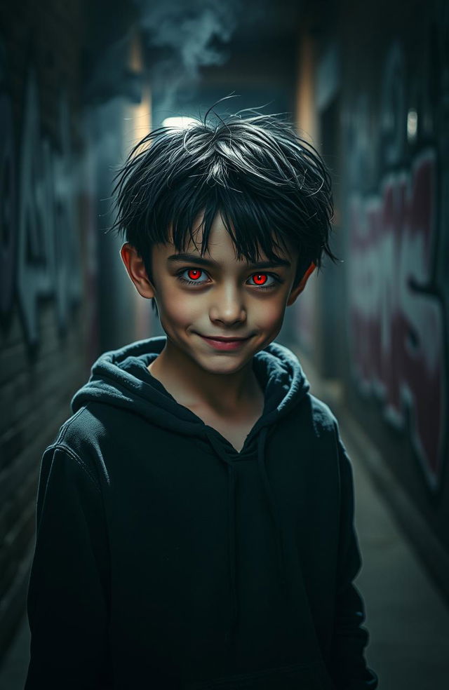 A young boy with a mischievous expression, glowing red eyes that give a sense of mischief and intrigue