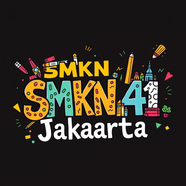 A vibrant and whimsical doodle art piece featuring the text 'SMKN 41 Jakarta' in an artistic and playful style