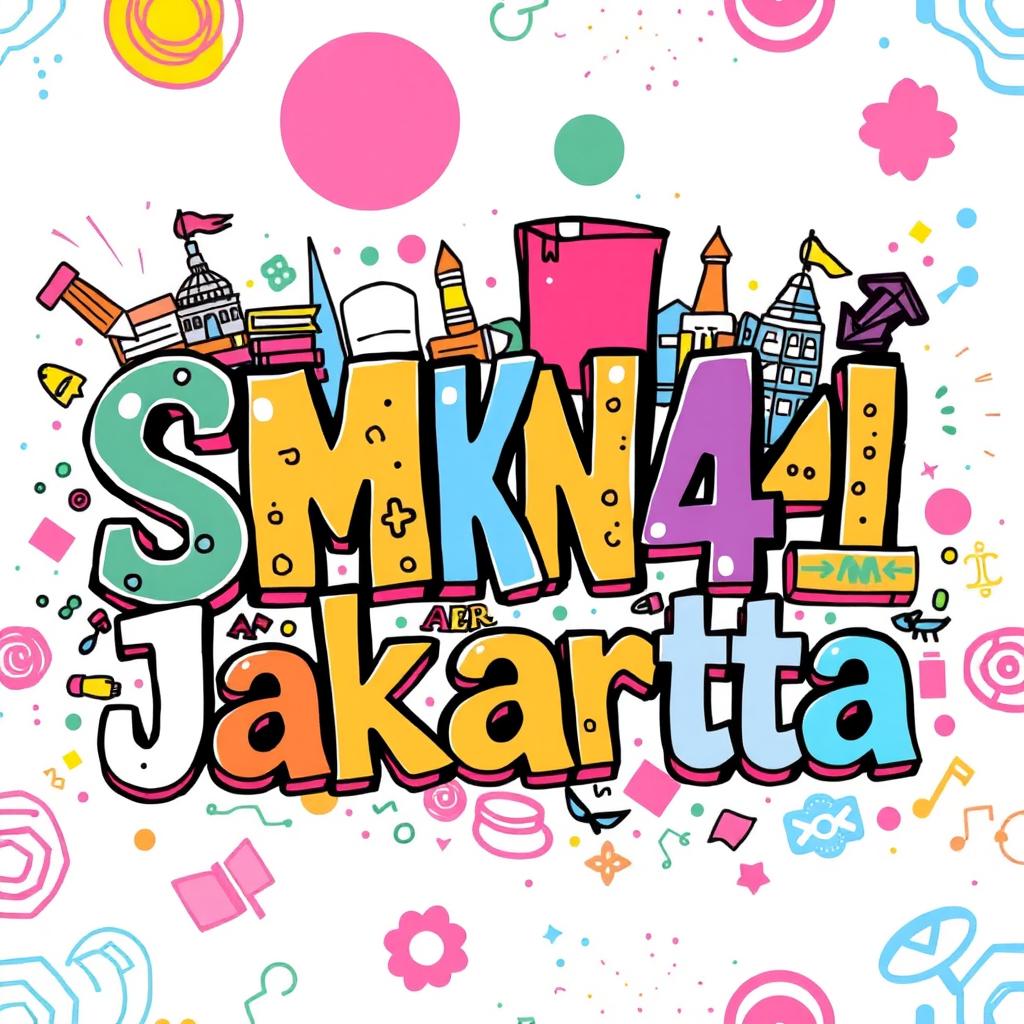 A vibrant and whimsical doodle art piece featuring the text 'SMKN 41 Jakarta' in an artistic and playful style