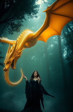 A magnificent golden dragon soaring through a dark, mystical forest