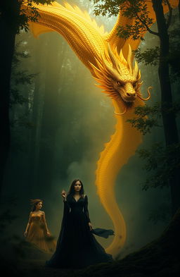 A magnificent golden dragon soaring through a dark, mystical forest