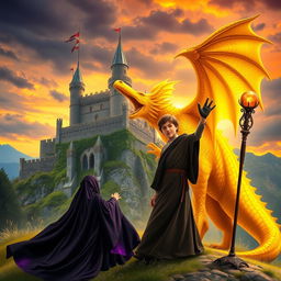 An enchanting book cover featuring a young boy standing heroically beside a magnificent golden dragon