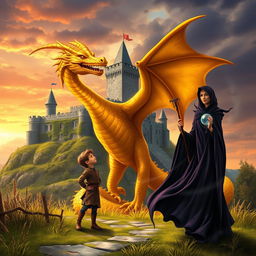 An enchanting book cover featuring a young boy standing heroically beside a magnificent golden dragon
