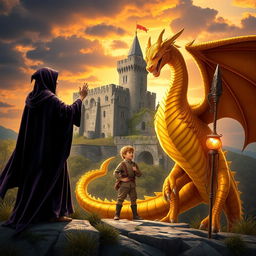 An enchanting book cover featuring a young boy standing heroically beside a magnificent golden dragon