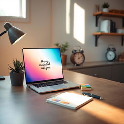 A tranquil and organized desk setup in a modern home office, featuring a sleek wooden desk with a soft matte finish