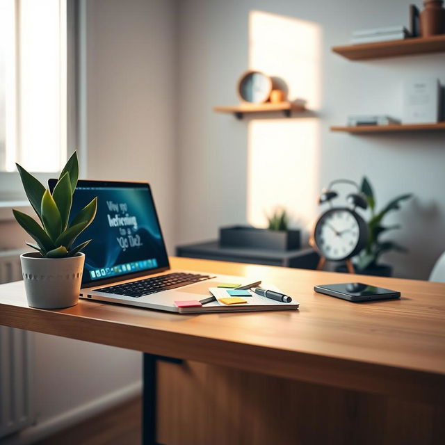 A tranquil and organized desk setup in a modern home office, featuring a sleek wooden desk with a soft matte finish