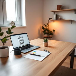 A tranquil and organized desk setup in a modern home office, featuring a sleek wooden desk with a soft matte finish