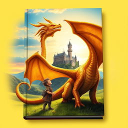 A captivating book cover featuring a brave young boy standing beside an awe-inspiring golden dragon in a lush green valley