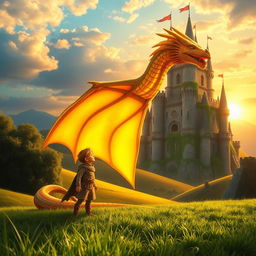 A captivating book cover featuring a brave young boy standing beside an awe-inspiring golden dragon in a lush green valley