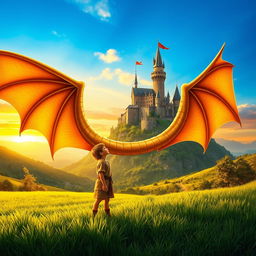 A captivating book cover featuring a brave young boy standing beside an awe-inspiring golden dragon in a lush green valley
