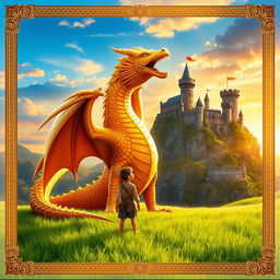 A captivating book cover featuring a brave young boy standing beside an awe-inspiring golden dragon in a lush green valley