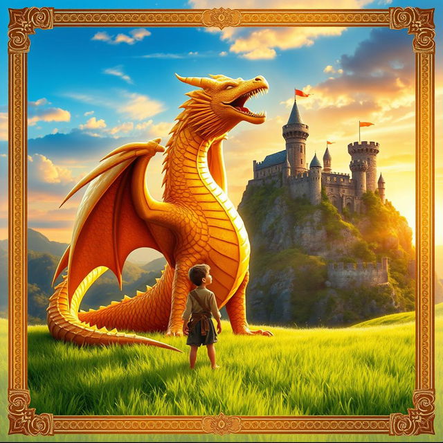 A captivating book cover featuring a brave young boy standing beside an awe-inspiring golden dragon in a lush green valley