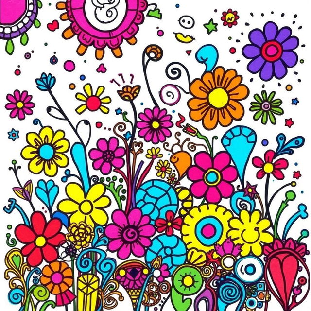 A vibrant and colorful doodle art scene created with a variety of intricate patterns