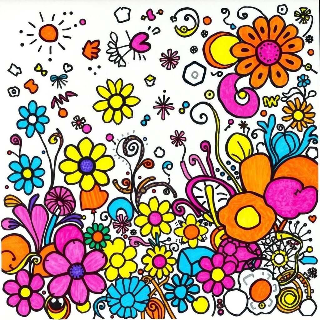 A vibrant and colorful doodle art scene created with a variety of intricate patterns