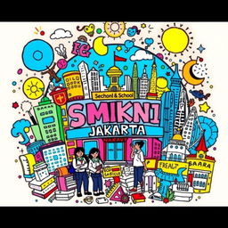 A vibrant and colorful doodle art representing SMKN 41 Jakarta, filled with various elements related to the school such as books, technological gadgets, students in school uniforms, and iconic landmarks of Jakarta