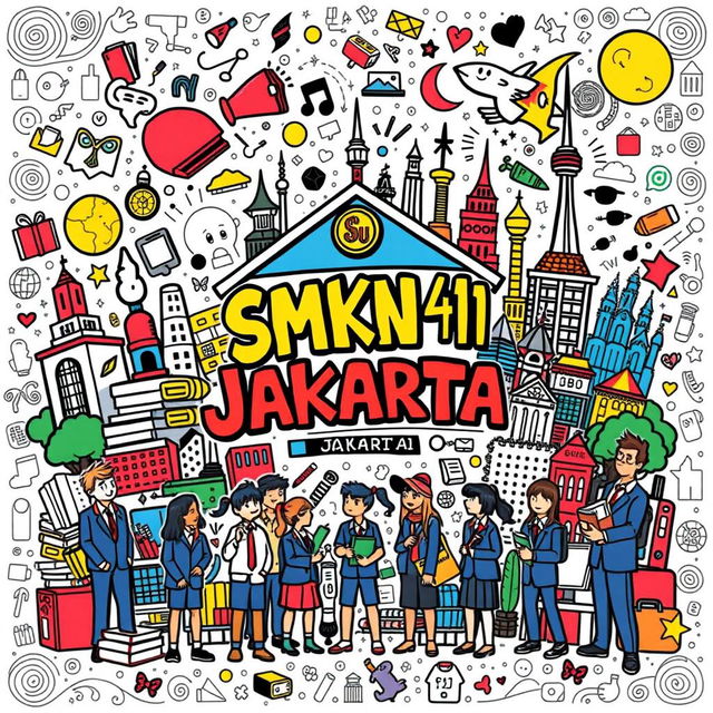 A vibrant and colorful doodle art representing SMKN 41 Jakarta, filled with various elements related to the school such as books, technological gadgets, students in school uniforms, and iconic landmarks of Jakarta