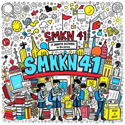 A vibrant and colorful doodle art representing SMKN 41 Jakarta, filled with various elements related to the school such as books, technological gadgets, students in school uniforms, and iconic landmarks of Jakarta