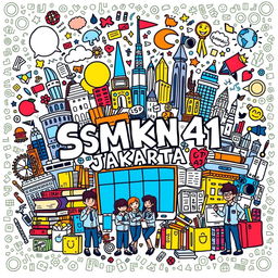 A vibrant and colorful doodle art representing SMKN 41 Jakarta, filled with various elements related to the school such as books, technological gadgets, students in school uniforms, and iconic landmarks of Jakarta