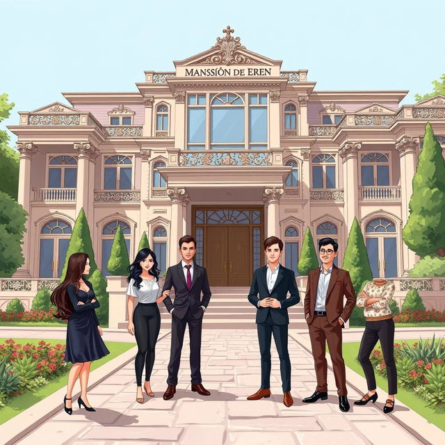 An illustration of a grand mansion labeled 'Mansión de los Eren'