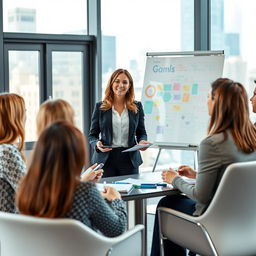A beautiful woman leading a business meeting with her diverse staff in a modern office setting