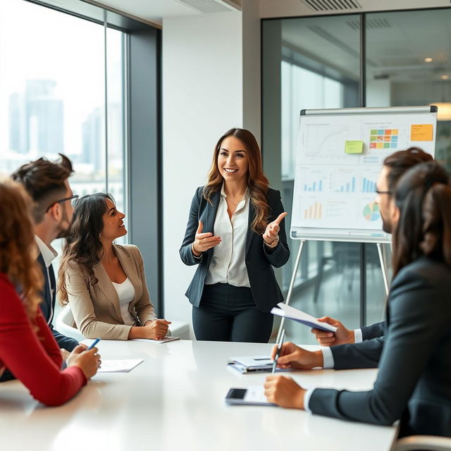 A beautiful woman leading a business meeting with her diverse staff in a modern office setting