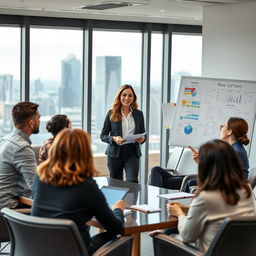 A beautiful woman leading a business meeting with her diverse staff in a modern office setting