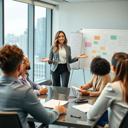 A beautiful woman leading a business meeting with her diverse staff in a modern office setting