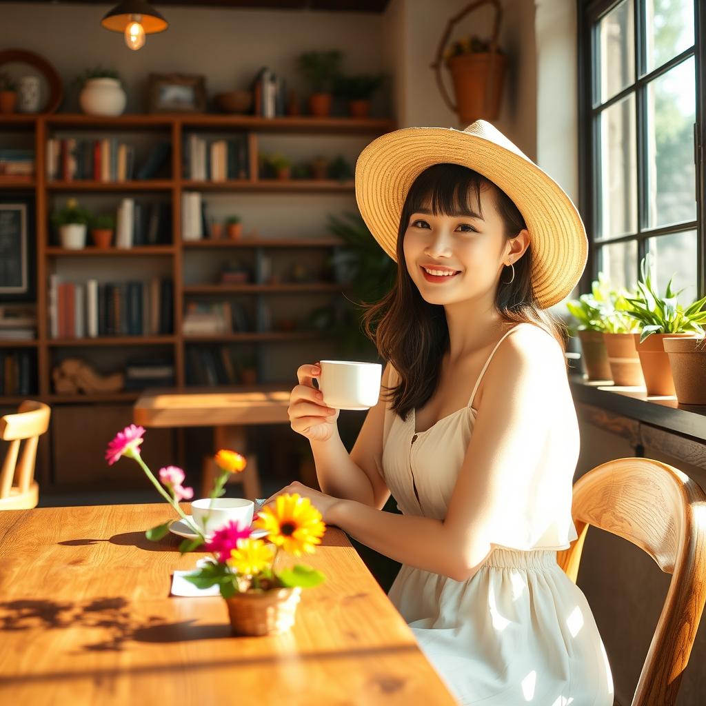 A charming scene of an Asian woman enjoying a sunny retreat in a cozy café