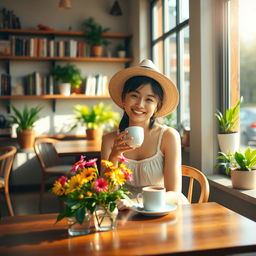 A charming scene of an Asian woman enjoying a sunny retreat in a cozy café