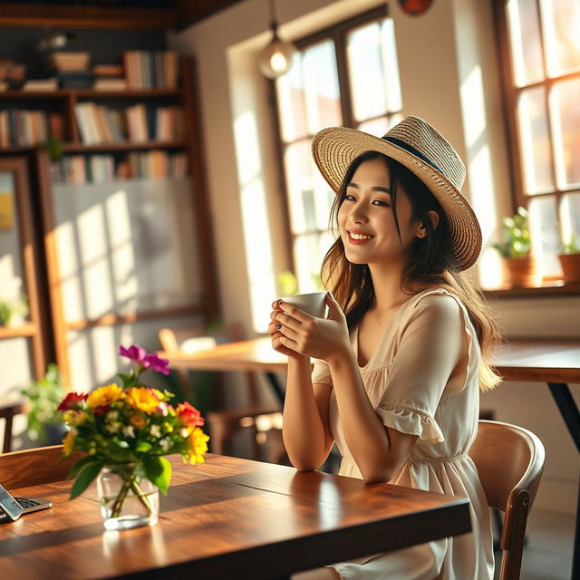 A charming scene of an Asian woman enjoying a sunny retreat in a cozy café