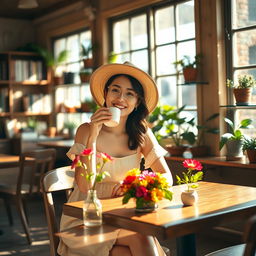 A charming scene of an Asian woman enjoying a sunny retreat in a cozy café