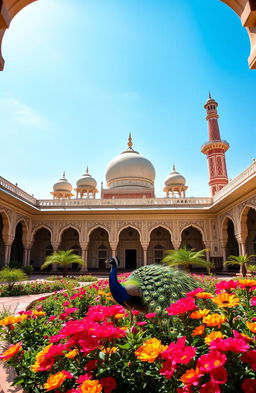 A stunning Mughal style palace courtyard, featuring intricate inlay work and elegant arches