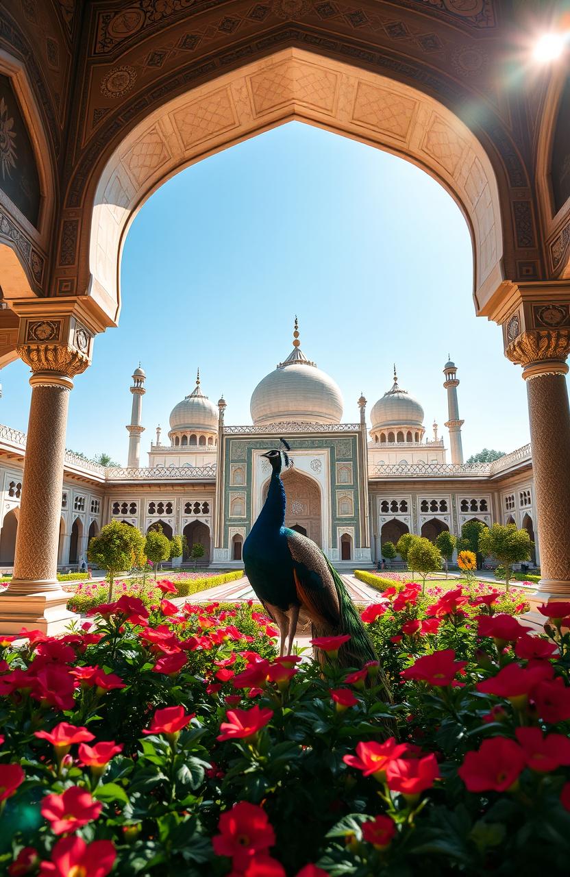 A stunning Mughal style palace courtyard, featuring intricate inlay work and elegant arches