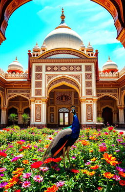 A stunning Mughal style palace courtyard, featuring intricate inlay work and elegant arches