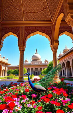 A stunning Mughal style palace courtyard, featuring intricate inlay work and elegant arches