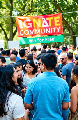 A vibrant and engaging community gathering scene showcasing diverse individuals of various ethnicities and ages united in a lively outdoor event