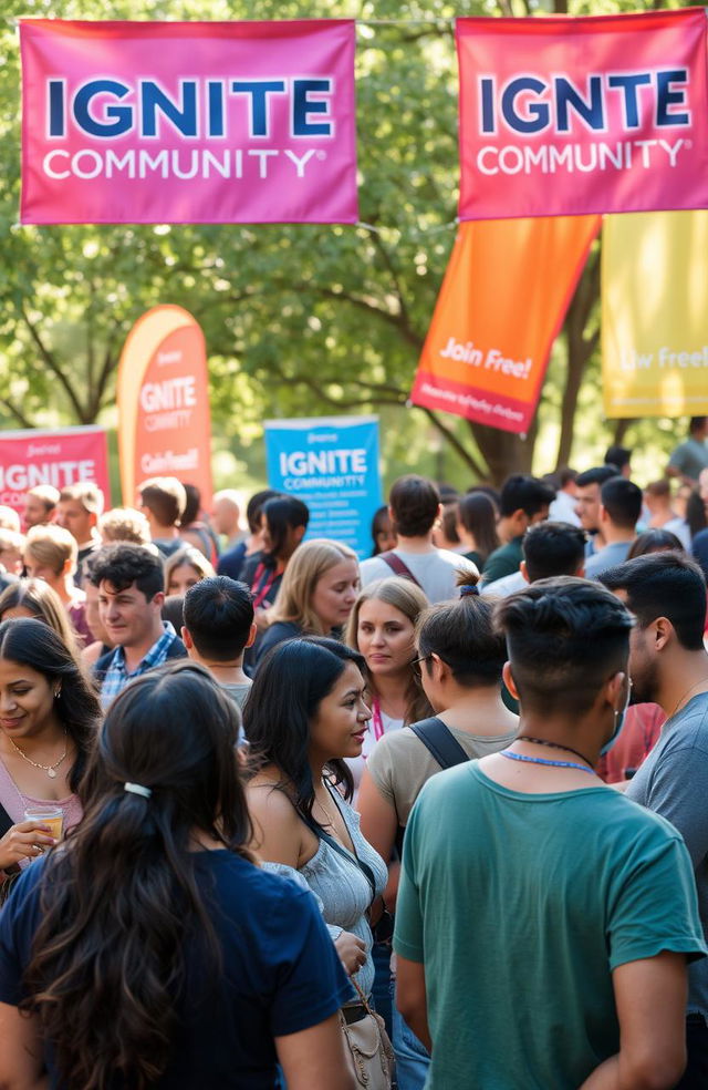 A vibrant and engaging community gathering scene showcasing diverse individuals of various ethnicities and ages united in a lively outdoor event