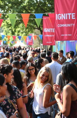 A vibrant and engaging community gathering scene showcasing diverse individuals of various ethnicities and ages united in a lively outdoor event