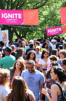 A vibrant and engaging community gathering scene showcasing diverse individuals of various ethnicities and ages united in a lively outdoor event