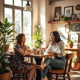 A charming scene of two Asian women engaged in a delightful conversation in a sunny café retreat