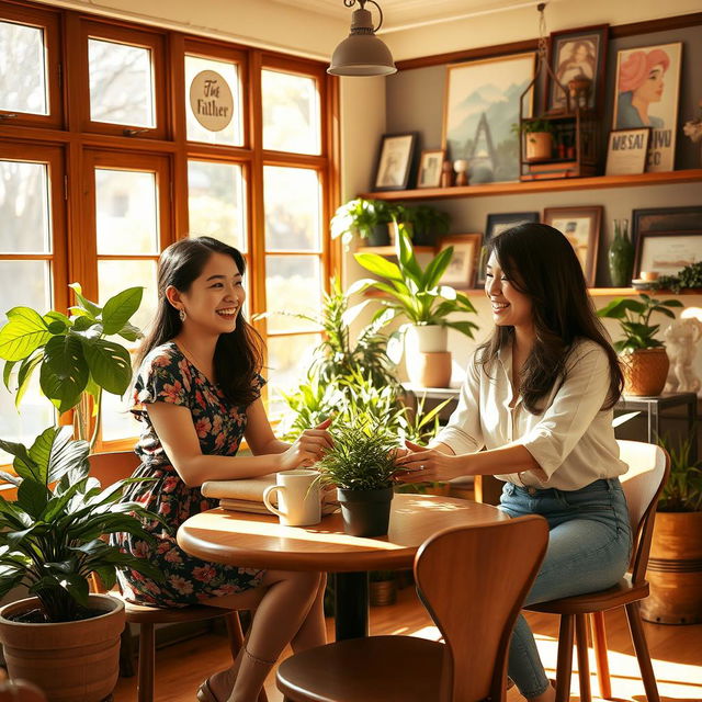 A charming scene of two Asian women engaged in a delightful conversation in a sunny café retreat