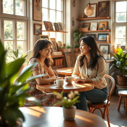 A charming scene of two Asian women engaged in a delightful conversation in a sunny café retreat