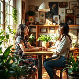 A charming scene of two Asian women engaged in a delightful conversation in a sunny café retreat