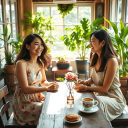 A charming scene of two beautiful Asian women engaged in a lively and joyful conversation in a sunny café retreat