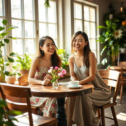 A charming scene of two beautiful Asian women engaged in a lively and joyful conversation in a sunny café retreat