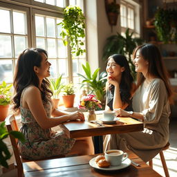 A charming scene of two beautiful Asian women engaged in a lively and joyful conversation in a sunny café retreat