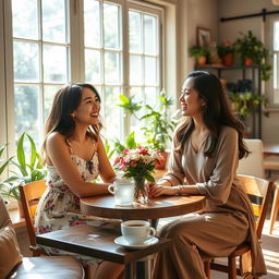 A charming scene of two beautiful Asian women engaged in a lively and joyful conversation in a sunny café retreat