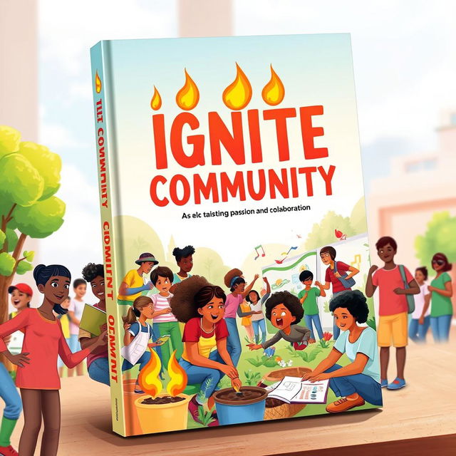 A vibrant book cover design for 'IGNITE COMMUNITY', featuring a dynamic and colorful illustration of diverse individuals engaged in community-building activities