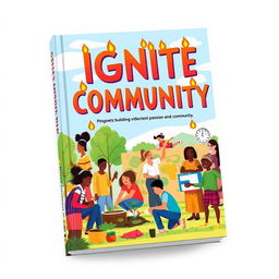 A vibrant book cover design for 'IGNITE COMMUNITY', featuring a dynamic and colorful illustration of diverse individuals engaged in community-building activities